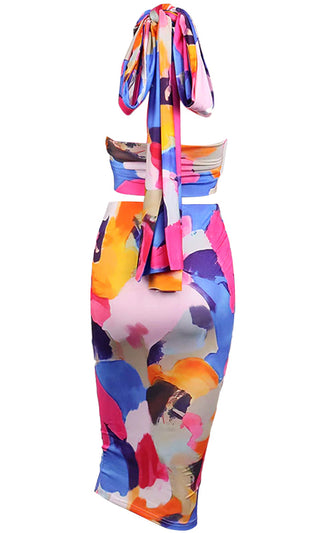 I Deserve Everything Blue Geometric Pattern Multi Way Convertible Crop Top Ruched Drawstring Bodycon Midi Skirt Two Piece Dress