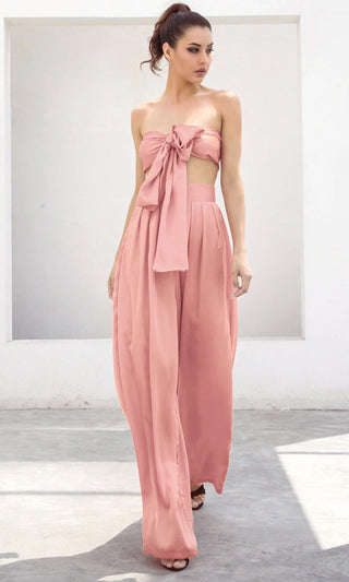 Indie XO In The Lead Yellow Silky Strapless Tie Front High Waist Palazzo Jumpsuit Pants