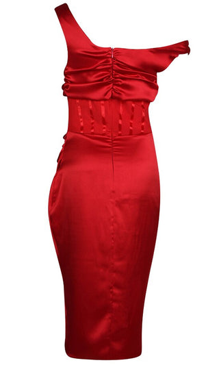 All About Love Red Sleeveless One Shoulder Draped Bodycon Midi Dress
