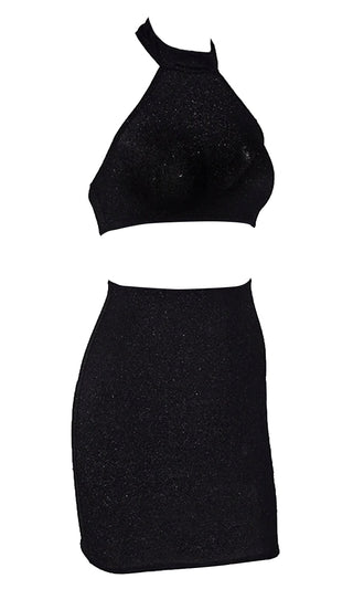 After Dinner Sparkle Sleeveless Mock Neck Halter Crop Top Bodycon Two Piece Mini Dress - 4 Colors Available