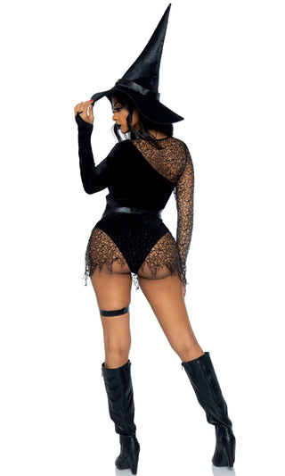 Witching Time <br><span>Black Velvet Sheer Mesh Lace Long Sleeve Bodysuit Hat Choker Harness Three Piece Halloween Costume</span>