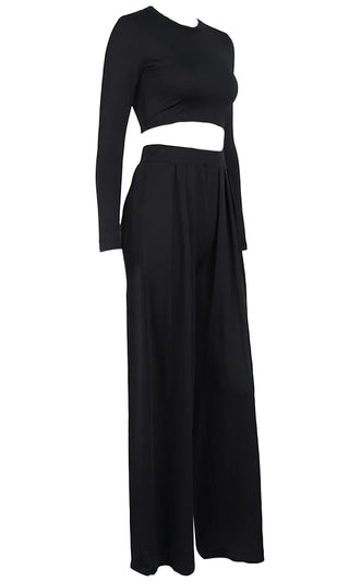 Playing The Part Long Sleeve Round Neck Crop Top High Waist Pleat Loose Wide Leg Pants Two Piece Jumpsuit