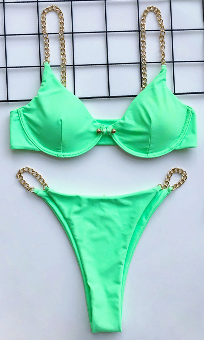 I'm All Good Neon Green Gold Chain Underwire High Cut Brazilian Bikini ...