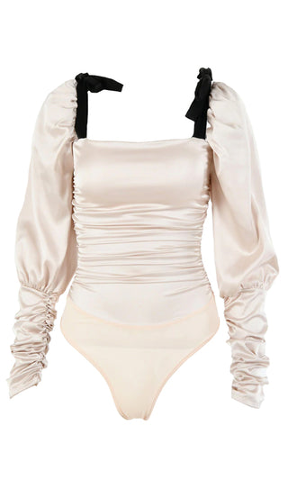 Flirting With You White Black Long Puff Sleeve Ruched Bow Straps Square Neck Bodysuit Top