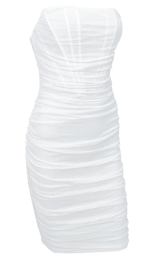 Night Prowl White Sheer Mesh Strapless Scoop Neck Ruched Bodycon Mini Dress