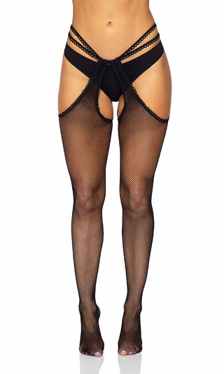 Pretty Poison <br><span>Black Sheer Mesh Fishnet Cut Out Strappy Suspender Stockings Tights</span>