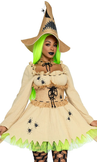 Witchy Woman <br><span>Black Spider Beige Waist Cincher Neon Green Ruffle Long Sleeve A Line Mini Dress 3 Piece Costume</span>