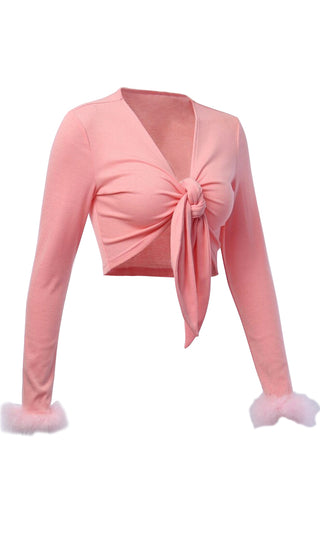 Piece Of Candy Pink Long Sleeve Feather Cuff Plunge V Neck Tie Front Crop Top
