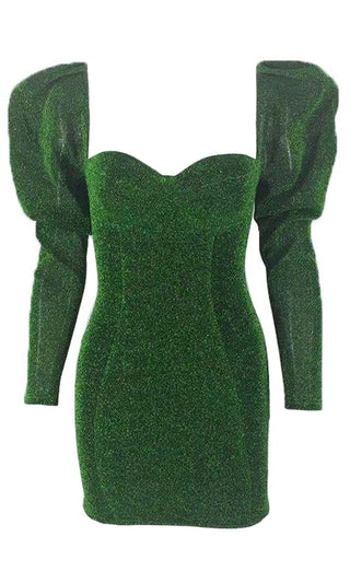 Against All Odds Green Glitter Long Sleeve Puff Shoulder Sweetheart Neck Bodycon Mini Dress