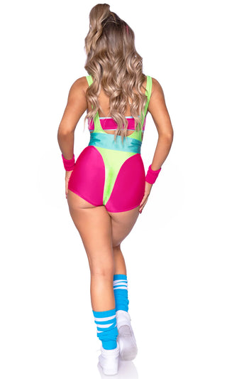 Getting Physical<br><span> Fuchsia Pink Green Sleeveless Suspender Bodycon Romper Bandeau Five Piece Halloween Costume Set</span>