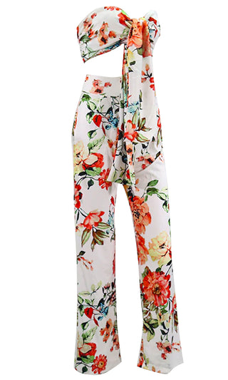 Island Fever <br><span>White Floral Strapless Tie Front Stretchy Bandeau Tropical Print Pattern Two Piece Pants Jumpsuit</span>