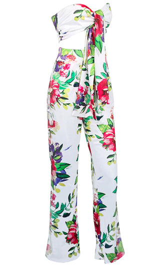 Island Fever <br><span>White Floral Strapless Tie Front Stretchy Bandeau Tropical Print Pattern Two Piece Pants Jumpsuit</span>