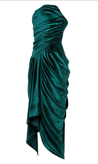Excellent Taste <br><span> Emerald Green Velvet Strapless Draped Split Bodycon Midi Dress</span>