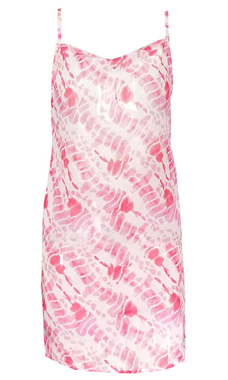 Ocean Beach <br><span> Pink Tie Dye Pattern Sleeveless Spaghetti Strap Backless Sheer Mesh Drape Neck Mini Dress </span>