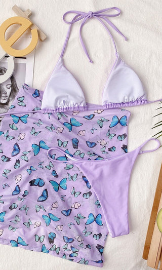 Sweet Denial <br><span> Lavender Purple Sleeveless Halter Neck Tie Triangle Top Thong Bottom Drawstring Mini Skirt Butterfly Pattern Three Piece Bikini Swimsuit </span>