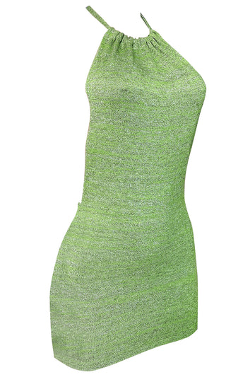 Cabo Resort Green Sleeveless Halter Slub Pattern Mini Open Back Bodycon Dress