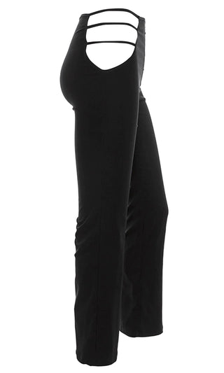 Feel The Moment Black Flare Leg Cut Out Hips Strappy Pants
