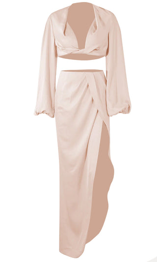 Tulum Nights Light Pink Satin Long Sleeve Blouse Lantern V Neck Twist Crop Top Wrap Split Maxi Skirt Casual Two Piece Dress