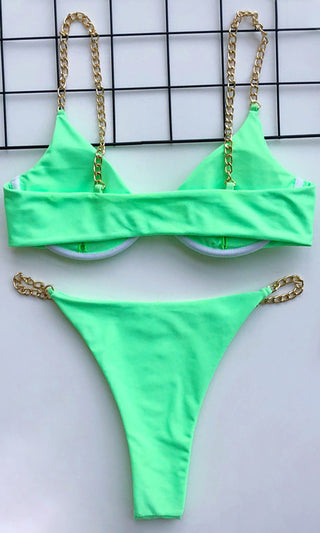 I'm All Good <br><span>  Neon Green Gold Chain Underwire High Cut Brazilian Bikini Swimsuit Two Piece Set</span>