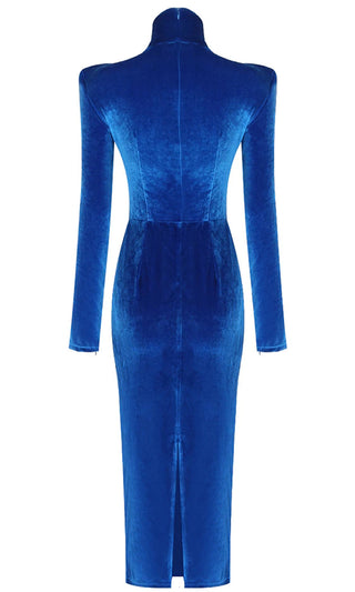In Control <br><span>Royal Blue Velvet Long Sleeve Mock Neck Twist Knot Bodycon Maxi Dress</span>