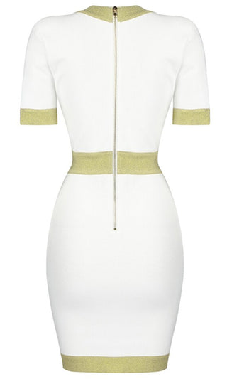 Know Better <bR><span>White Button Short Sleeve Plunge V Neck Bandage Bodycon Mini Dress</span>