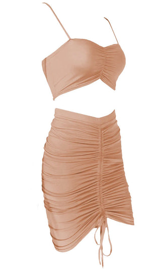 Double Or Nothing Beige Sleeveless Spaghetti Strap Crop Top Ruched Bodycon Two Piece Midi Dress