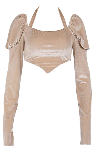 In The Nude Apricot Velour Long Sleeve Puffed Shoulder Scoop Neck Halter Strap Crop Top