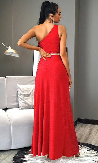 Big Thrill Red One Shoulder Sleeveless Glitter Cross Wrap Cut Out Front Slit Maxi Dress