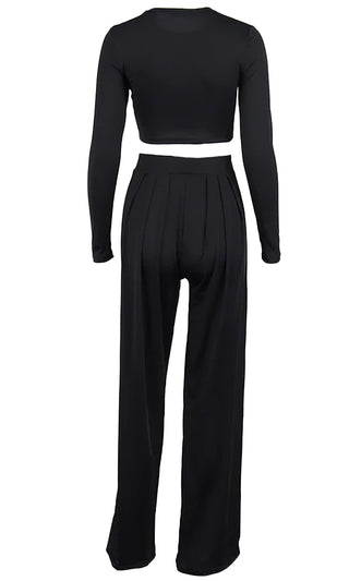 Playing The Part Long Sleeve Round Neck Crop Top High Waist Pleat Loose Wide Leg Pants Two Piece Jumpsuit