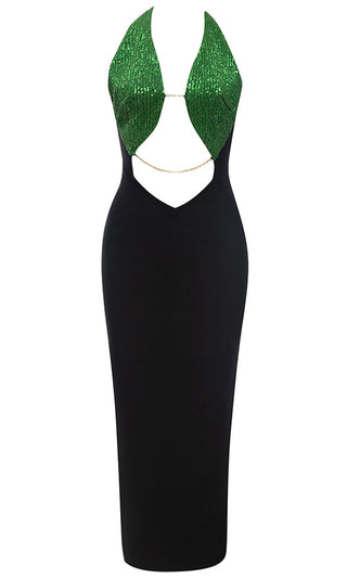 Emerald Goddess <br><span>Green Black Sequin Bandage Sleeveless Plunge V Neck Halter Cut Out Waist Chain Strap Bodycon Midi Dress</span>