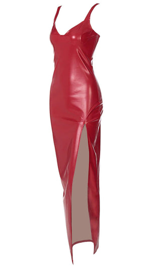 Bombshell Beauty PU Faux Leather Sleeveless Spaghetti Strap V Neck Side Slit Bodycon Maxi Dress