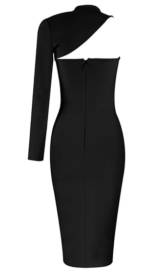 Seductive Rendezvous Black One Shoulder Bandage Long Sleeve Asymmetric Cut Out Bodycon Midi Dress
