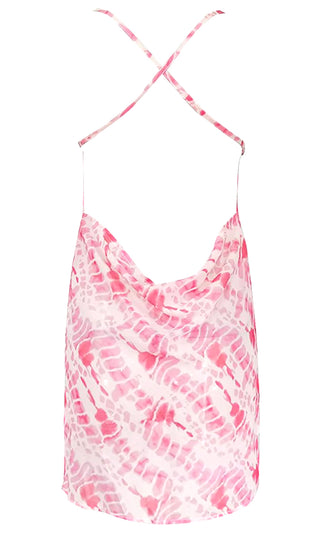 Ocean Beach <br><span> Pink Tie Dye Pattern Sleeveless Spaghetti Strap Backless Sheer Mesh Drape Neck Mini Dress </span>