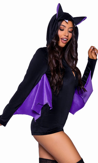 Going Batty <br><span>Black Purple Velvet Bat Wing Long Sleeve Hood V Neck Bodycon Romper Jumpsuit Halloween Costume</span>