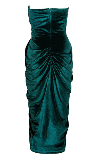 Excellent Taste <br><span> Emerald Green Velvet Strapless Draped Split Bodycon Midi Dress</span>