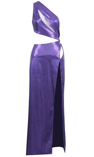 Violet Obsession<span><br> Purple Sequin Sleeveless One Shoulder Cut Out Bust Open Side High Slit Maxi Dress</span>
