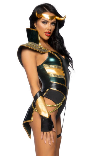 In The Gauntlet<br><span> Green Black Gold Metallic Cap Sleeve Sweetheart Neck Bodysuit Three Piece Halloween Costume Set</span>