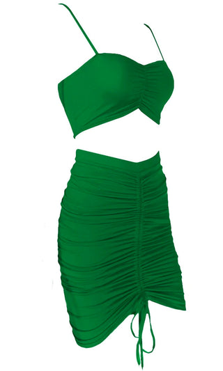 Double Or Nothing Green Sleeveless Spaghetti Strap Crop Top Ruched Bodycon Two Piece Midi Dress