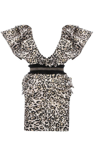 International Jet Setter Leopard Print Animal Pattern Short Sleeve Ruffle Ruched Plunge V Neck Bodycon Mini Dress