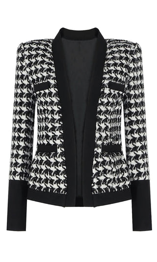 Born Beautiful Houndstooth Tweed Black White Contrast Button Open Satin Lapel Long Sleeve Jacket Coat Outerwear
