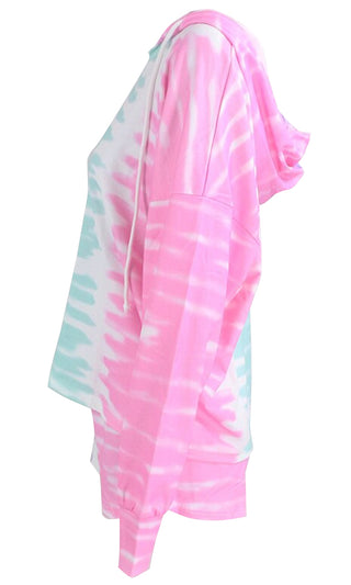Color Me Comfy Purple Pink Pastel Tie Dye Pattern Long Sleeve Pullover Hood Elastic Waist Short Two Piece Romper