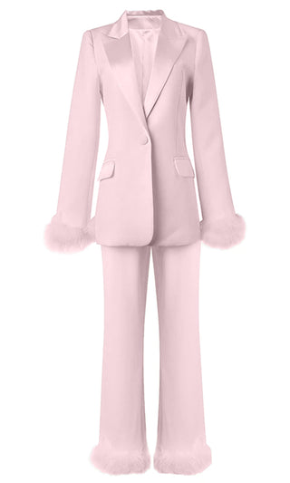 Ground Breaker <br><span>White Long Sleeve Single Breast Button Blazer Jacket Feather Trim Trouser Two Piece Suit Set</span>