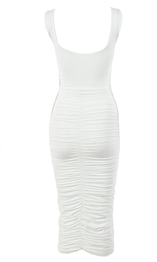 Crush On You White Sleeveless Square Neck Scoop Back Ruched Bodycon Midi Dress