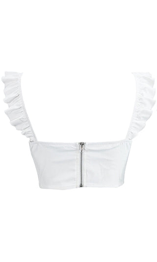 Play It Right White Sleeveless Ruffle V Neck Bustier Crop Top Blouse