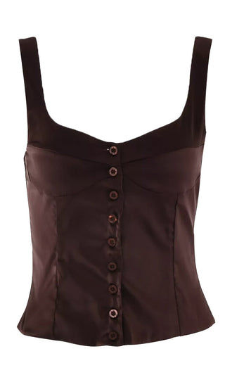 Time For Temptation Brown Satin Sleeveless Wide Strap V Neck Button Front Camisole Tank Top