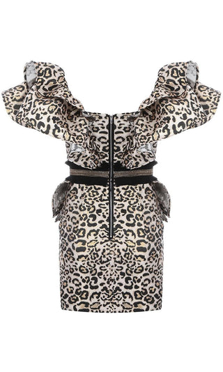International Jet Setter Leopard Print Animal Pattern Short Sleeve Ruffle Ruched Plunge V Neck Bodycon Mini Dress