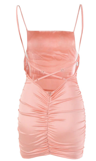 Make You Mine Pink Ruched Satin Square Neck Spaghetti Strap Sleeveless Criss Crossed Open Back Mini Bodycon Dress