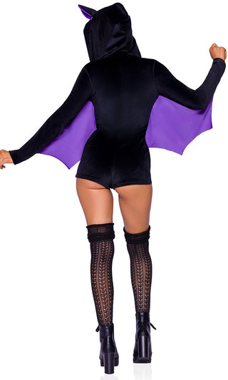 Going Batty <br><span>Black Purple Velvet Bat Wing Long Sleeve Hood V Neck Bodycon Romper Jumpsuit Halloween Costume</span>