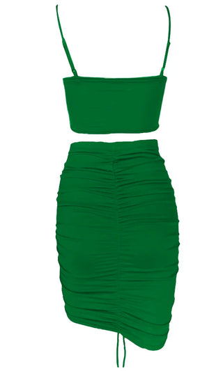 Double Or Nothing Green Sleeveless Spaghetti Strap Crop Top Ruched Bodycon Two Piece Midi Dress