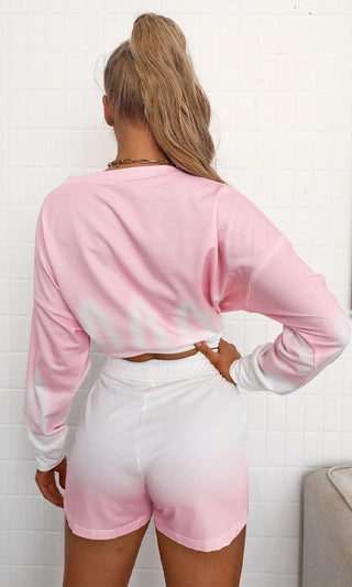 Walking On Sunshine Pink White Tie Dye Pattern Long Sleeve Round Neck Top Elastic Waist Short Two Piece Romper